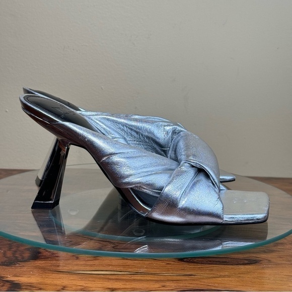 MARC FISHER Silver Knot Dellian Square Toe Slip On Leather Heeled Sandal - Picture 8 of 15